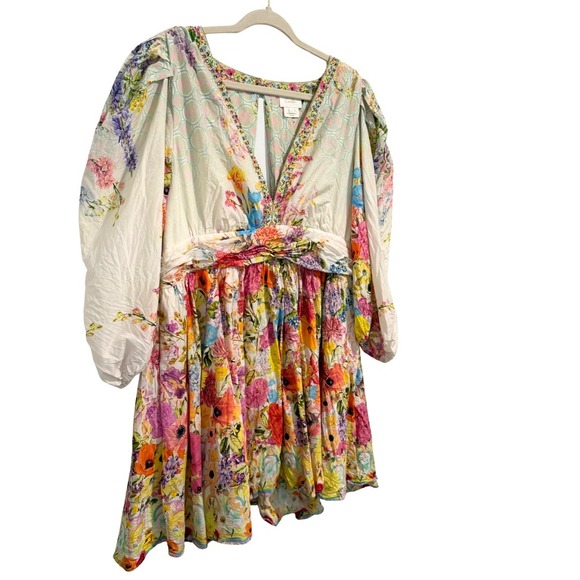 Camilla Flared Mini Dress Sunlight Symphony Bouson Sleeved Cotton Silk Blend XXL - Picture 3 of 16